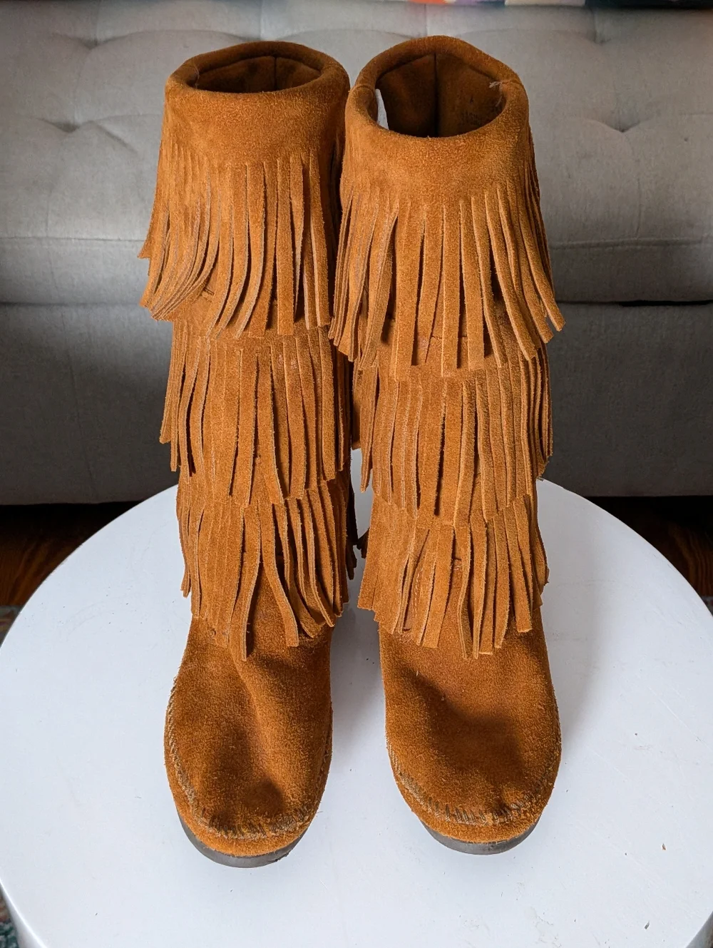 Minnetonka Brown Suede Fringe Boots Moccasin Style Size 6